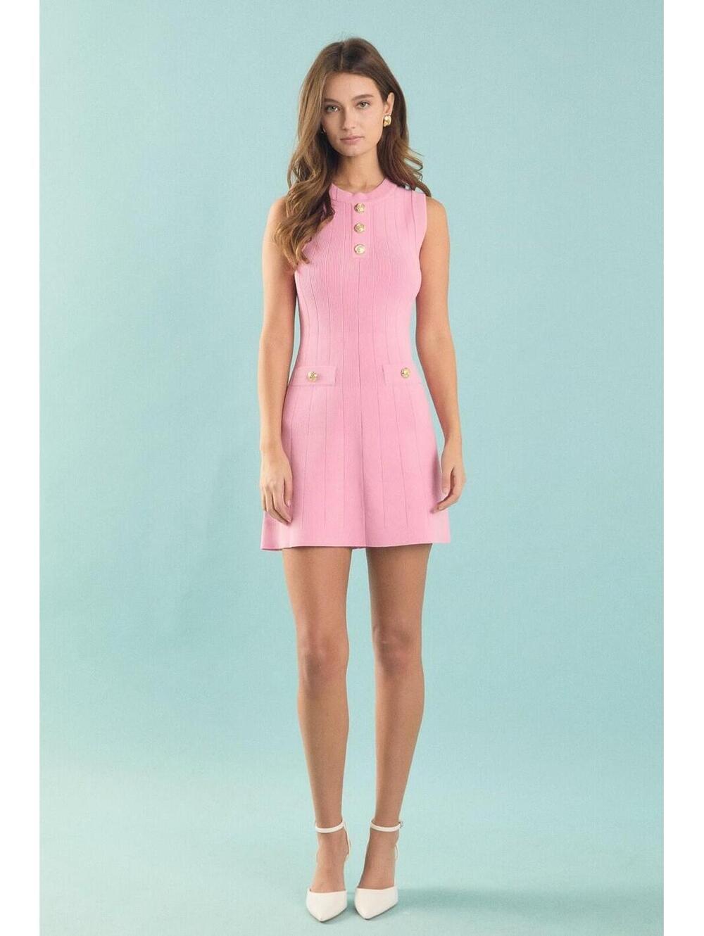 Endless Rose Women's Pink Shank Button Knit Crew Neck Mini Dress Size Small